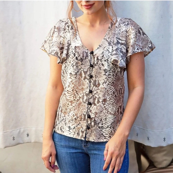 NWT Anthropologie Eva Franco Willow Snakeskin Print Lace Flutter Sleeve Top XS - Picture 10 of 10